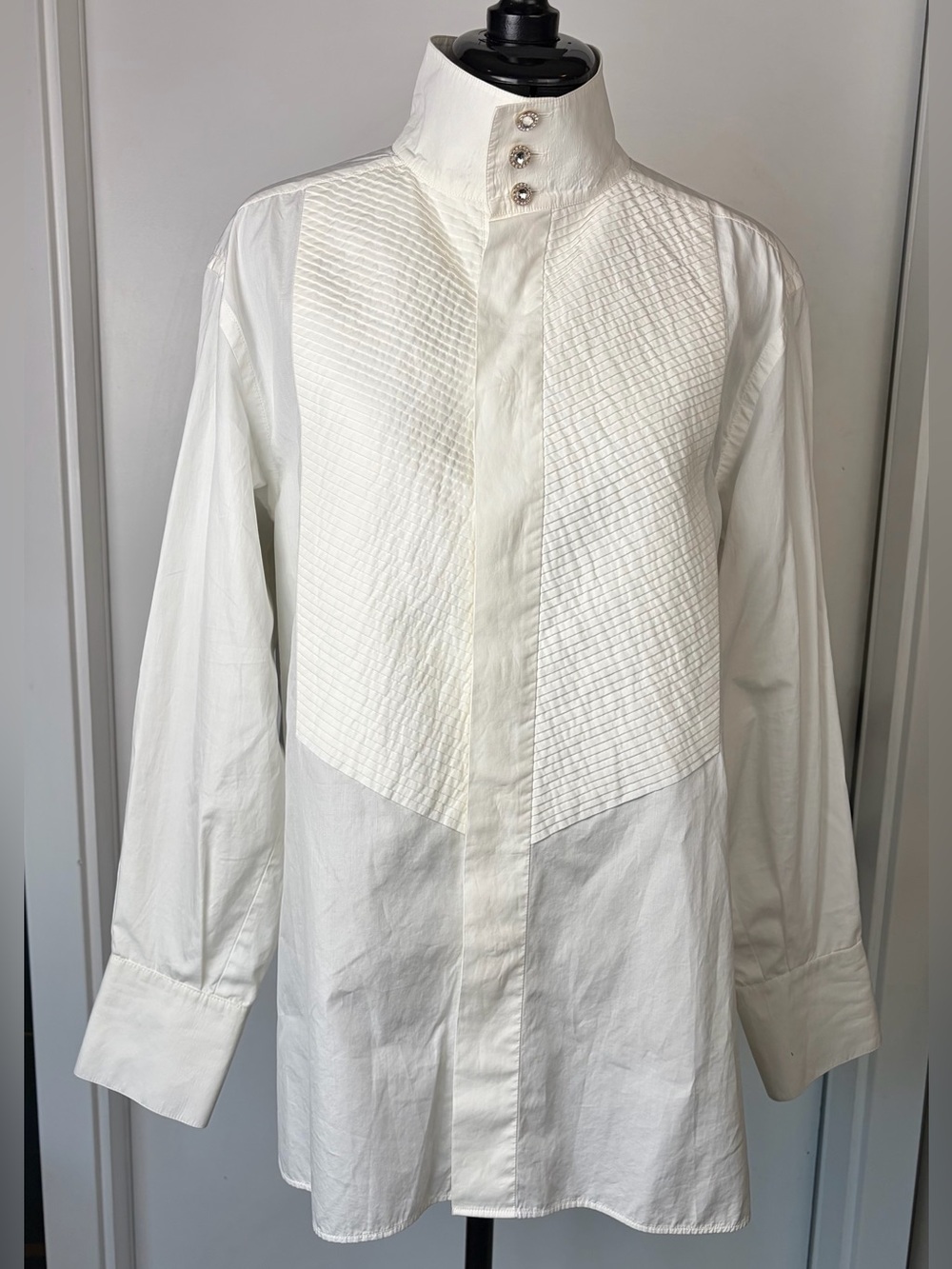 CHANEL VTG 08 Tux Shirt, crystal CC buttons, white, FR46, (fits like M),EUC